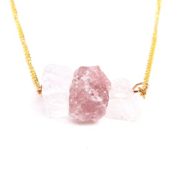 Natural Raw Cut Purple Amethyst and Clear Quartz Stone Pendant Gold Necklace - Picture 2 of 5
